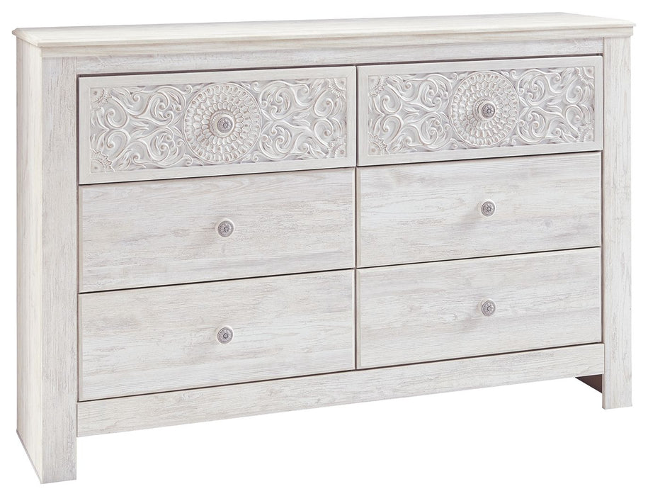 Paxberry - Dresser, Mirror - Medallion Drawer Pulls - Whitewash
