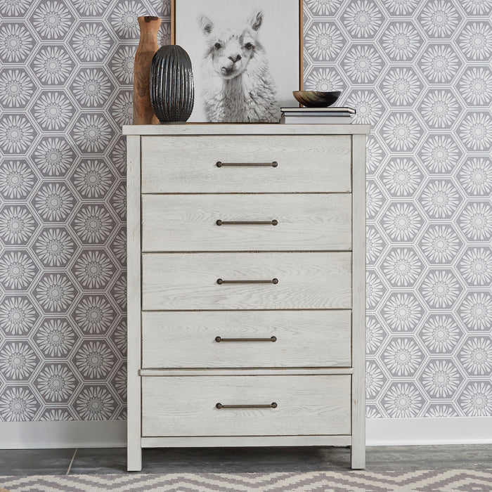 Modern Farmhouse - 5 Piece Bedroom Set (California King Platform Bed, Dresser & Mirror, Chest, Nightstand) - White
