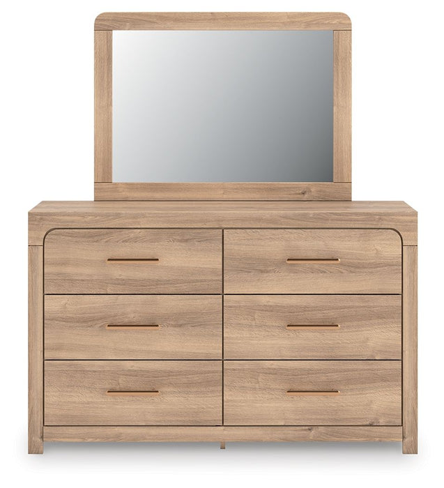 Kinlanni - 3 Pc. - Queen Upholstered Panel Bed With Roll Slats, Dresser And Mirror - Tan