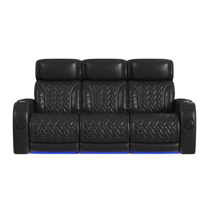 Prime Time - P3 Sofa With I Table, Reading Light, Heat, Massage, LED, And Speaker - Jett Black With Red Stitching