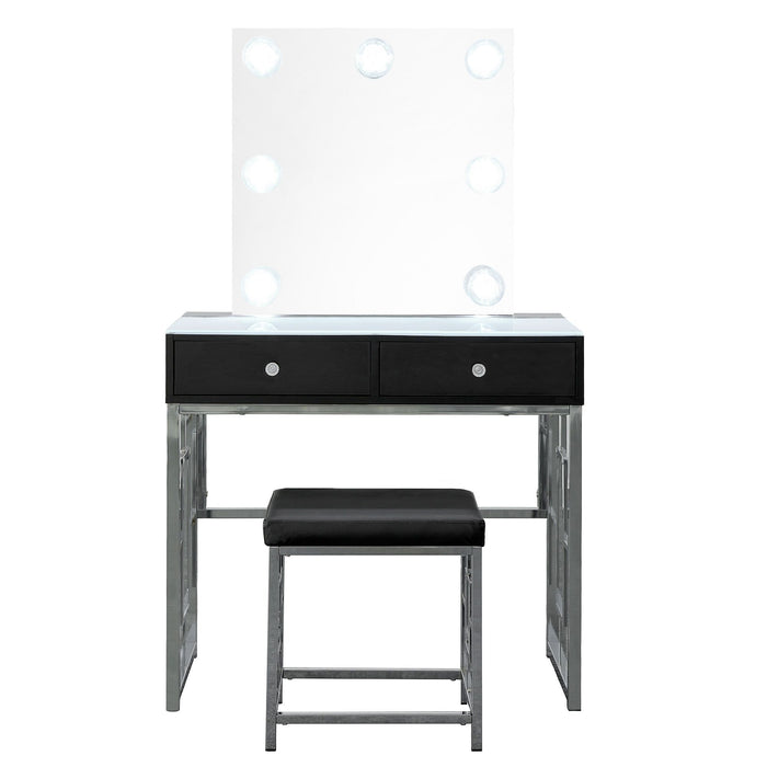 Margo - Vanity Table With Power / Mirror / Stool & Light - Chrome / Black